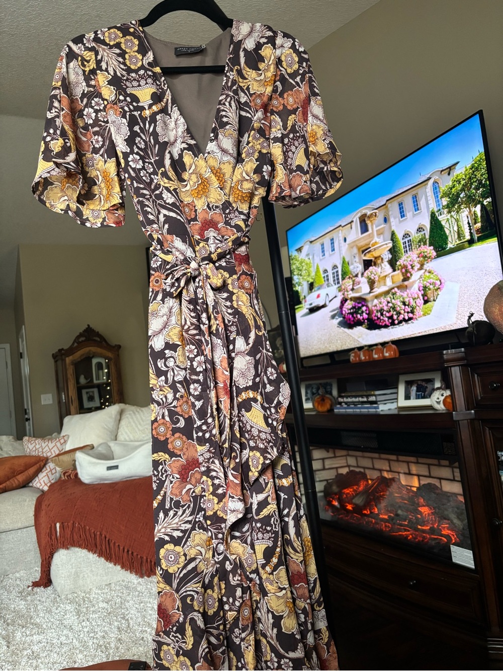 Dress Forum Brown Floral Wrap Maxi Dress with Mustard Accents